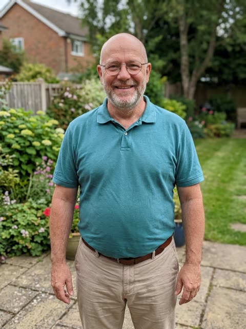 The single photo used: a bald man in his fifties in a teal polo shirt (AI-generated)